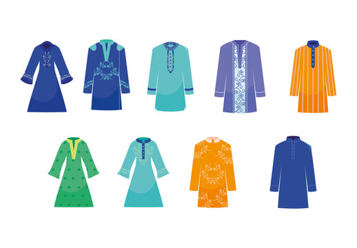 Blue Traditional Embroidered Kurta Outfit Illustration Set