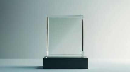 A stunning image of blank square glass trophy mockup, 3d rendering. Empty acrylic award design mock up. Transparent realistic crystal prize plate template. Premium first place.