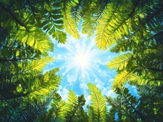 Obraz premium Sunburst Through Tropical Canopy Lush Jungle Vista.