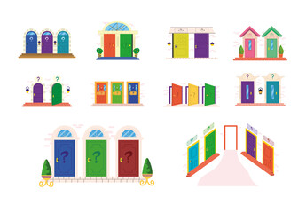 Colorful Flat Decorative Mystery Door Choices Illustration Design Set