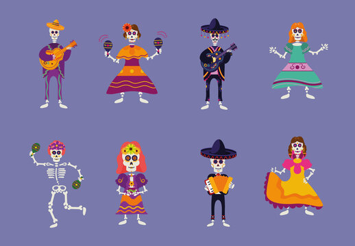 Colorful Dancing Skeleton Festival Costume Character Illustration Set