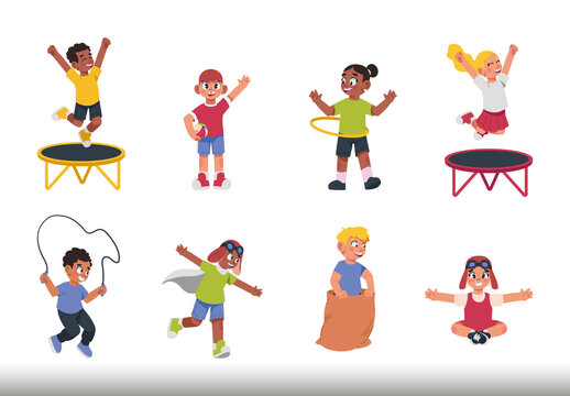 Colorful Happy Children Outdoor Playground Activity Illustration Set