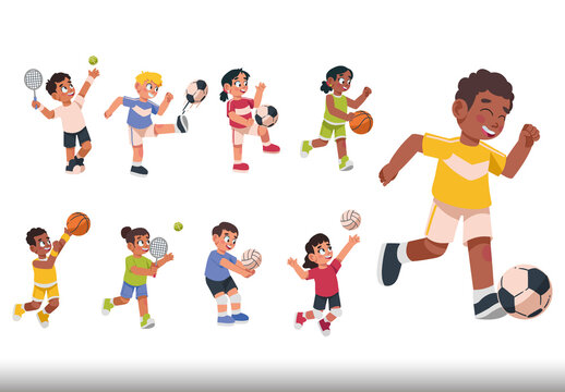 Colorful Active Children Playing Various Sports Illustration Set