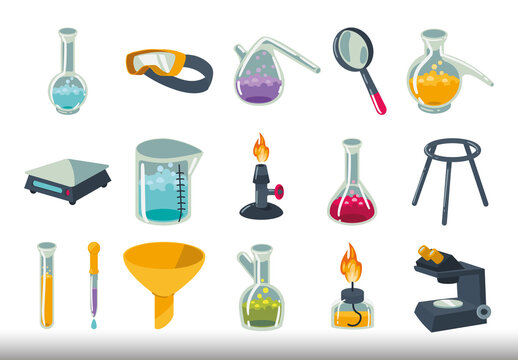 Colorful Scientific Laboratory, Research Glassware And Tools Illustration Set