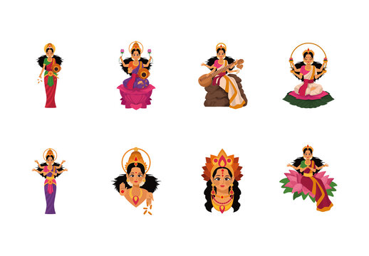 Colorful Indian Hindu Goddess Lakshmi Illustration Set
