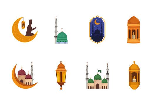 Colorful Islamic Architecture And Lantern Illustration Set