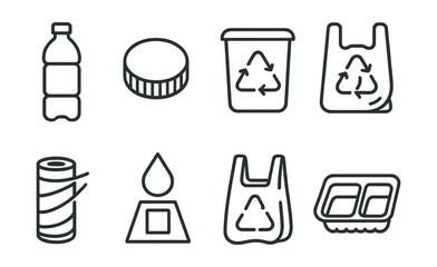 Line style icons of plastic-specific recycling: clear bottle, plastic lid, container triangle, bag return, shrink wrap, film drop point, soft plastics, hard plastic tray.