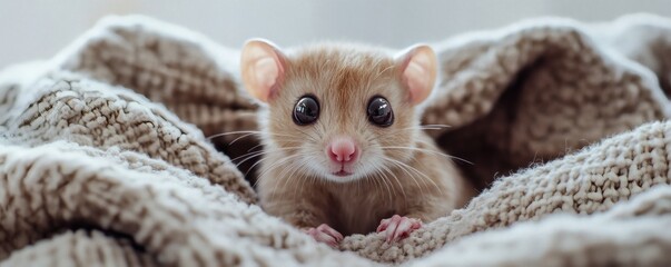 A cute small mammal peeking from a soft cozy textured blanket