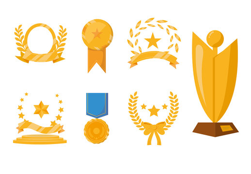 Yellow Gradient Laurel Star Ribbon Awards Icons Set