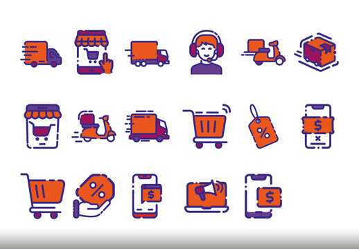 Violet And Orange E Commerce Delivery Icons Set