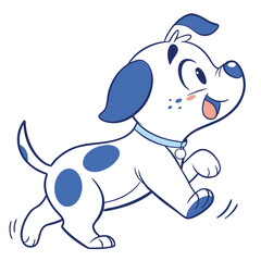 Playful Cartoon Dog Running, White with Blue Spots, Collar and Happy Expression