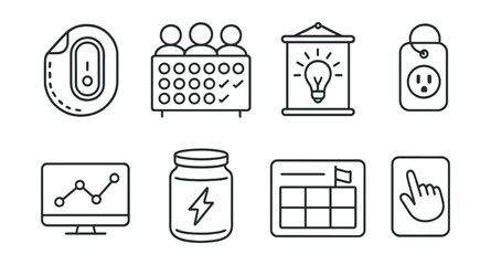 Line style icons of energy behavior nudges: sticker switch reminder, group habit chart, hallway poster, smart plug label, visual usage tracker, energy jar, challenge board, nudge card.