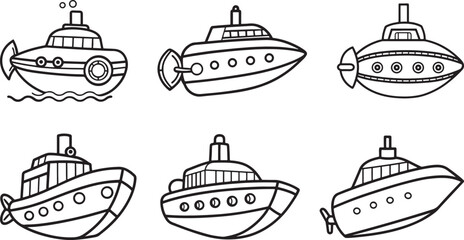 set of underwater vessel line art, black outline, vector and illustration, coloring book page line art drawing