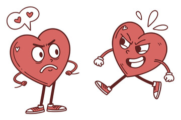 Cartoon Hearts with Angry Expressions, One is Chasing Another with Love Thoughts