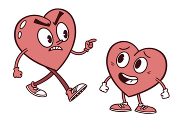 Two Heart Cartoon Characters; Angry Heart Pointing, Happy Heart Smiling, Walking, Love Concept