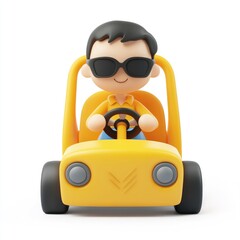 Obraz premium Smiling cartoon character drives a bright yellow go-kart.