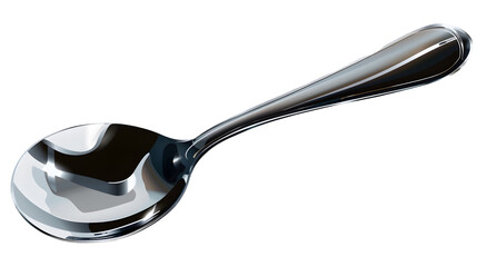 A shiny silver spoon isolated on a  transparent background with reflections and a smooth curved handle design 