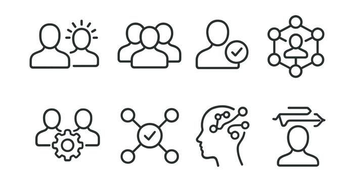 Line style icons of team dynamics: introvert/extrovert, team synergy, role clarity, responsibility web, collaboration node, creative flow, alignment icon, pulse check.