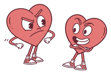 Cartoon Heart Characters Angry, Annoyed Hearts Stand Against Happy and Smirking One