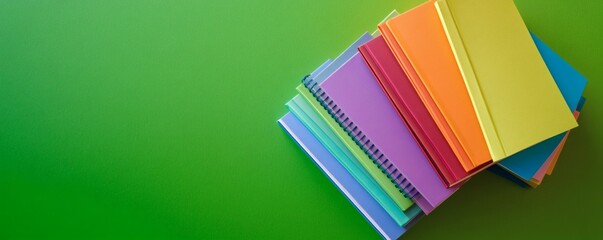 Colorful notebooks are stacked together on a green surface