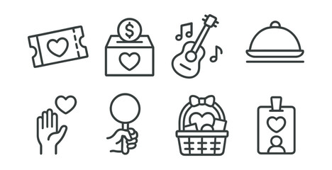 Line style icons of charity events: fundraiser ticket, donation drive, charity concert, benefit dinner, giving day, auction paddle, gift basket, sponsor badge.