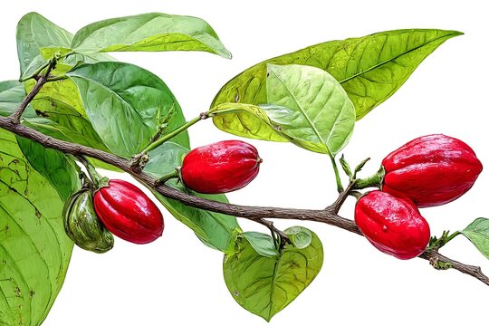 Botanical Illustration Of Katuk Plant Branch With Leaves And Fruits Isolated