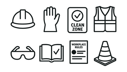 Line style icons of workplace safety: hard hat, glove icon, clean zone, high-vis vest, safety protocol, eye protection, workplace rules, hazard cone.
