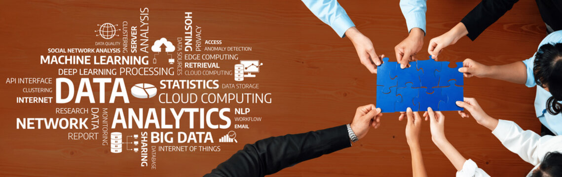 A diverse team collaborates to solve a puzzle, surrounded by key terms related to data and analytics, highlighting the importance of teamwork in leveraging business insights. Amity