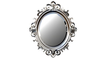 Ornate silver framed oval mirror with scrollwork details against a  transparent background in studio shot 