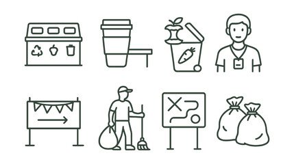 Line style icons of event waste management: sorting station, reusable cup zone, food bin, volunteer monitor, event signage, clean-up crew, station map, collection bags.
