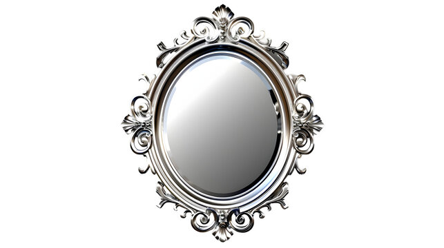 Ornate silver framed oval mirror with scrollwork details against a  transparent background in studio shot 
