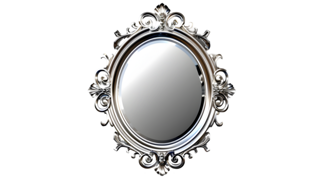 Ornate silver framed oval mirror with scrollwork details against a  transparent background in studio shot 