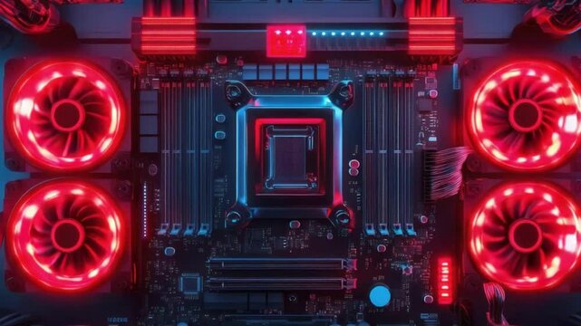 High-tech computer motherboard with glowing fans and processor