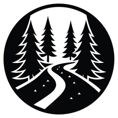 Fototapeta premium Serene Forest Path Winding River Through Evergreen Trees