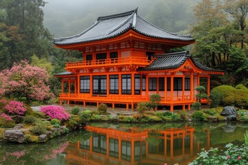 Fototapeta premium An orange pavilion reflects in calm water amidst garden greenery