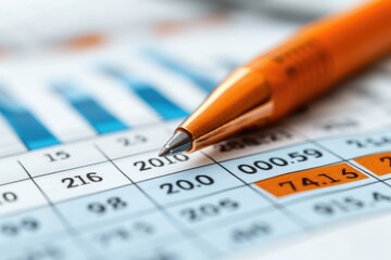 An orange pen sits on a business report detailing data