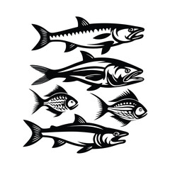 Black & White Fish Variety Decorative Marine Life Icons in Minimalist Style Art