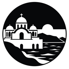 Serene Coastal Church at Sunset A Black and White Illustration