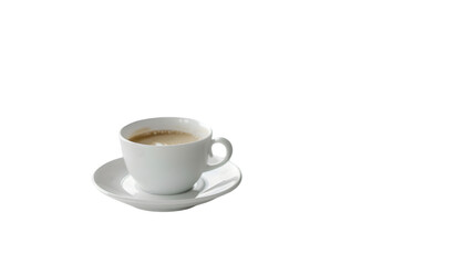 A simple white cup of coffee sitting on a saucer against a stark  transparent background in a studio shot 