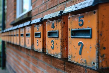 An orange row of weathered mailboxes attached to a brick wall