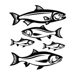 Stylized Monochrome Fish School, Marine Animal Design, Isolated Fishes On White Background