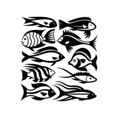 Black Silhouette Variety Collection of Stylized Fish Illustrations on White Backdrop