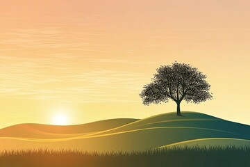Fototapeta premium Sunset Serenity Lone Tree on Rolling Hills.