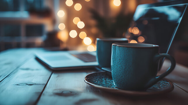 Cozy Workspace with Coffee and Tech: Two ceramic coffee cups and a laptop sit invitingly on a rustic wooden desk, bathed in the warm glow of fairy lights in the background. - Powered by Adobe