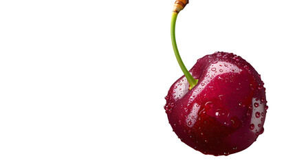 Close up of a single red cherry with water droplets on a  transparent background with a green stem attached 
