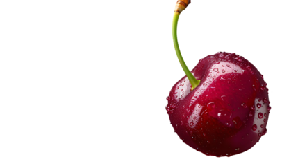 Close up of a single red cherry with water droplets on a  transparent background with a green stem attached 