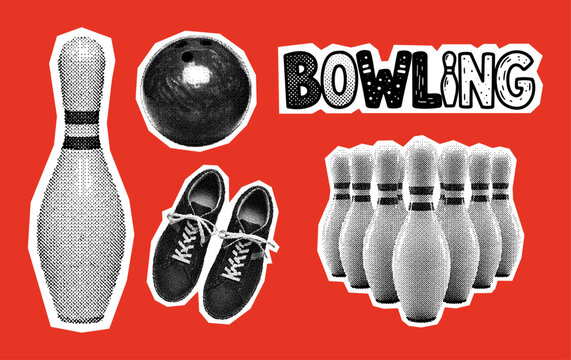 bowling collection, ball, shoes, bowling pins retro halftone effect collage set