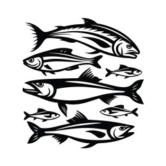 Black Silhouettes Collection of Fish, Marine Animals Stacked on an Isolated White Background