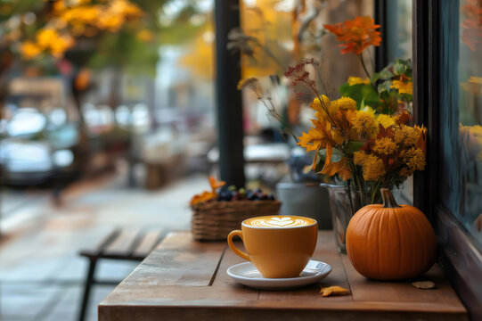 Pumpkin spice latte, pumpkin, and fall flowers creating cozy atmosphere in coffee shop during autumn