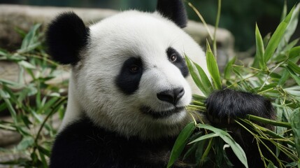 Obraz premium Close-up of Giant Panda Enjoying Fresh Bamboo Shoots